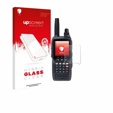 Parte frontal de un envase de producto con el logotipo de la marca upscreen. Al lado se muestra el dispositivo Yaesu FTA-450 c