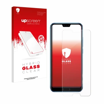 Parte frontal de un envase de producto con el logotipo de la marca upscreen. Al lado se muestra el dispositivo Honor 10 con su