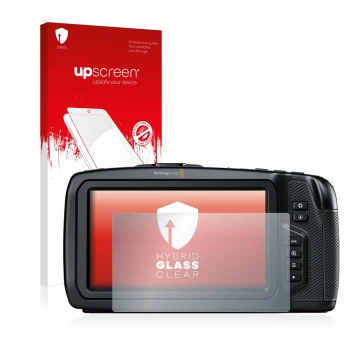 Parte frontal de un envase de producto con el logotipo de la marca upscreen. Al lado se muestra el dispositivo Blackmagic Pock