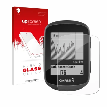 Parte frontal de un envase de producto con el logotipo de la marca upscreen. Al lado se muestra el dispositivo Garmin Edge 130