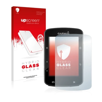 Parte frontal de un envase de producto con el logotipo de la marca upscreen. Al lado se muestra el dispositivo Garmin Edge 520