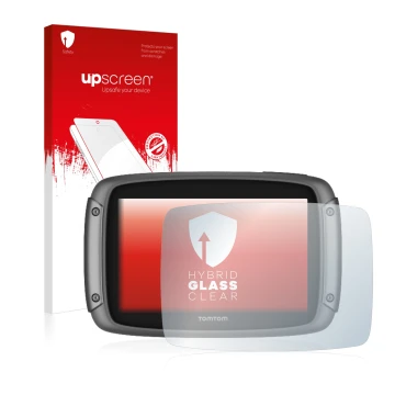 Parte frontal de un envase de producto con el logotipo de la marca upscreen. Al lado se muestra el dispositivo TomTom Rider 50