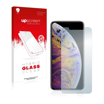 Parte frontal de un envase de producto con el logotipo de la marca upscreen. Al lado se muestra el dispositivo Apple iPhone Xs