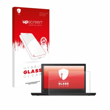 Parte frontal de un envase de producto con el logotipo de la marca upscreen. Al lado se muestra el dispositivo Lenovo ThinkPad