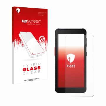 Parte frontal de un envase de producto con el logotipo de la marca upscreen. Al lado se muestra el dispositivo Samsung Galaxy 
