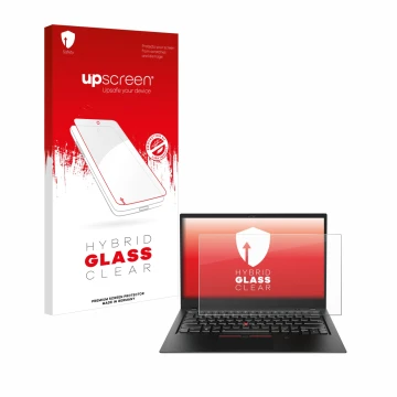 Parte frontal de un envase de producto con el logotipo de la marca upscreen. Al lado se muestra el dispositivo Lenovo ThinkPad