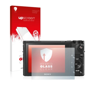 Parte frontal de un envase de producto con el logotipo de la marca upscreen. Al lado se muestra el dispositivo Sony Cyber-Shot