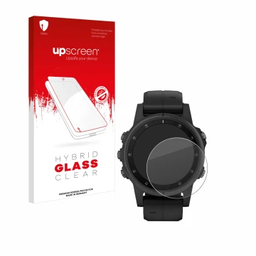Parte frontal de un envase de producto con el logotipo de la marca upscreen. Al lado se muestra el dispositivo Garmin Fenix 5S