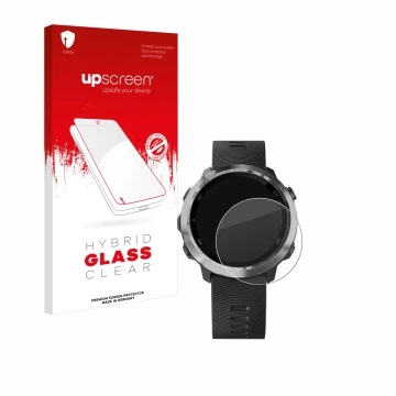 Parte frontal de un envase de producto con el logotipo de la marca upscreen. Al lado se muestra el dispositivo Garmin Forerunn