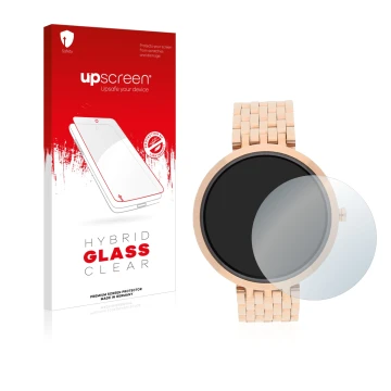 Parte frontal de un envase de producto con el logotipo de la marca upscreen. Al lado se muestra el dispositivo Xlyne X-Watch S