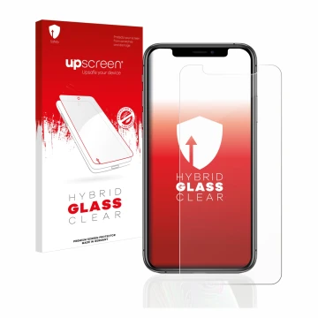 Parte frontal de un envase de producto con el logotipo de la marca upscreen. Al lado se muestra el dispositivo Apple iPhone Xs