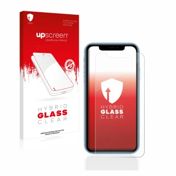 Parte frontal de un envase de producto con el logotipo de la marca upscreen. Al lado se muestra el dispositivo Apple iPhone XR
