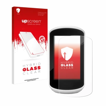 Parte frontal de un envase de producto con el logotipo de la marca upscreen. Al lado se muestra el dispositivo Garmin Edge Exp