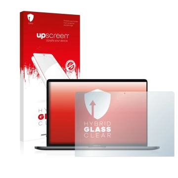 Parte frontal de un envase de producto con el logotipo de la marca upscreen. Al lado se muestra el dispositivo Apple MacBook P