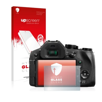Parte frontal de un envase de producto con el logotipo de la marca upscreen. Al lado se muestra el dispositivo Panasonic Lumix