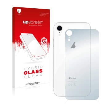 Parte frontal de un envase de producto con el logotipo de la marca upscreen. Al lado se muestra el dispositivo Apple iPhone XR