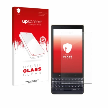 Parte frontal de un envase de producto con el logotipo de la marca upscreen. Al lado se muestra el dispositivo BlackBerry Key2