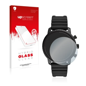 Parte frontal de un envase de producto con el logotipo de la marca upscreen. Al lado se muestra el dispositivo Fossil Q Explor