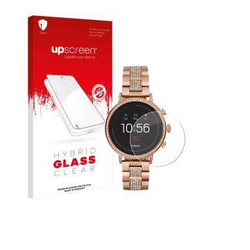 Parte frontal de un envase de producto con el logotipo de la marca upscreen. Al lado se muestra el dispositivo Fossil Q Ventur