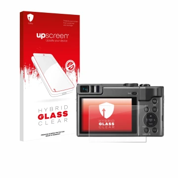 Parte frontal de un envase de producto con el logotipo de la marca upscreen. Al lado se muestra el dispositivo Panasonic Lumix