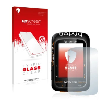 Parte frontal de un envase de producto con el logotipo de la marca upscreen. Al lado se muestra el dispositivo Bryton Rider 45