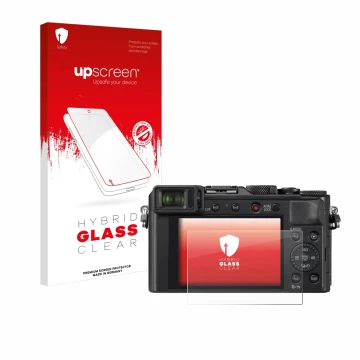 Parte frontal de un envase de producto con el logotipo de la marca upscreen. Al lado se muestra el dispositivo Panasonic Lumix