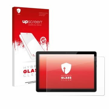 Parte frontal de un envase de producto con el logotipo de la marca upscreen. Al lado se muestra el dispositivo Huawei MediaPad