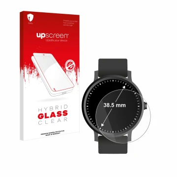 Parte frontal de un envase de producto con el logotipo de la marca upscreen. Al lado se muestra el dispositivo Relojes (Circul