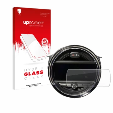 Parte frontal de un envase de producto con el logotipo de la marca upscreen. Al lado se muestra el dispositivo Mini Cooper F56