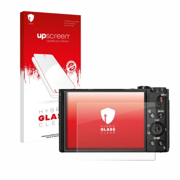 Parte frontal de un envase de producto con el logotipo de la marca upscreen. Al lado se muestra el dispositivo Sony Cyber-Shot