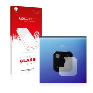 Parte frontal de un envase de producto con el logotipo de la marca upscreen. Al lado se muestra el dispositivo Huawei Mate 20 