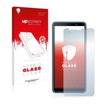 Parte frontal de un envase de producto con el logotipo de la marca upscreen. Al lado se muestra el dispositivo Samsung Galaxy 