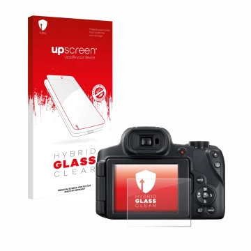 Parte frontal de un envase de producto con el logotipo de la marca upscreen. Al lado se muestra el dispositivo Canon PowerShot