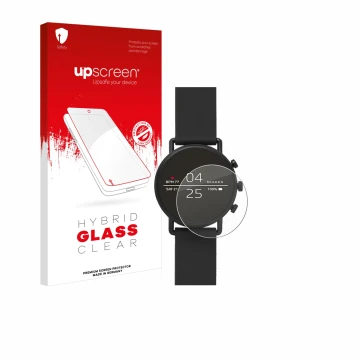 Parte frontal de un envase de producto con el logotipo de la marca upscreen. Al lado se muestra el dispositivo Skagen Smartwat