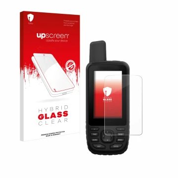 Parte frontal de un envase de producto con el logotipo de la marca upscreen. Al lado se muestra el dispositivo Garmin GPSMAP 6