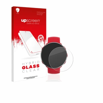 Parte frontal de un envase de producto con el logotipo de la marca upscreen. Al lado se muestra el dispositivo Polar Vantage M
