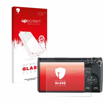 Parte frontal de un envase de producto con el logotipo de la marca upscreen. Al lado se muestra el dispositivo Ricoh GR III 20