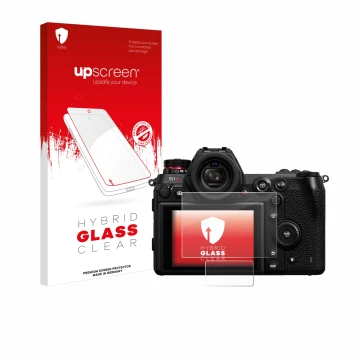 Parte frontal de un envase de producto con el logotipo de la marca upscreen. Al lado se muestra el dispositivo Panasonic Lumix