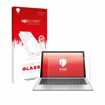 Parte frontal de un envase de producto con el logotipo de la marca upscreen. Al lado se muestra el dispositivo HP Elite x2 101