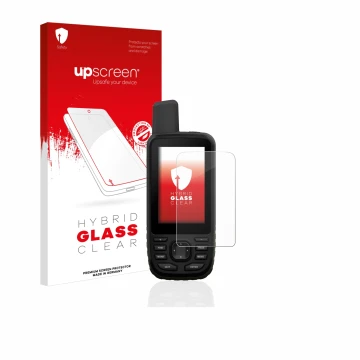 Parte frontal de un envase de producto con el logotipo de la marca upscreen. Al lado se muestra el dispositivo Garmin GPSMAP 6