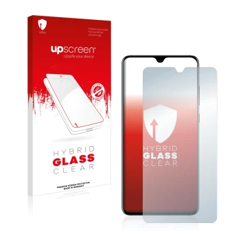 Parte frontal de un envase de producto con el logotipo de la marca upscreen. Al lado se muestra el dispositivo Huawei Mate 20 