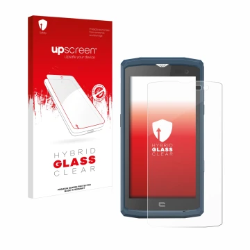 Parte frontal de un envase de producto con el logotipo de la marca upscreen. Al lado se muestra el dispositivo Crosscall Core 