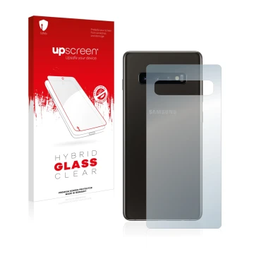 Parte frontal de un envase de producto con el logotipo de la marca upscreen. Al lado se muestra el dispositivo Samsung Galaxy 