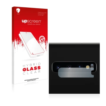 Parte frontal de un envase de producto con el logotipo de la marca upscreen. Al lado se muestra el dispositivo Samsung Galaxy 