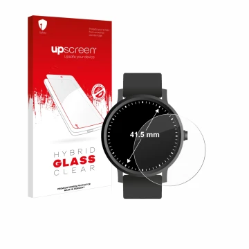 Parte frontal de un envase de producto con el logotipo de la marca upscreen. Al lado se muestra el dispositivo Relojes (Circul
