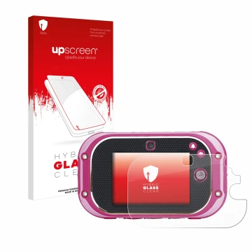 Parte frontal de un envase de producto con el logotipo de la marca upscreen. Al lado se muestra el dispositivo Vtech Kidizoom 