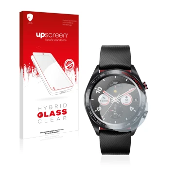 Parte frontal de un envase de producto con el logotipo de la marca upscreen. Al lado se muestra el dispositivo Honor Watch Mag