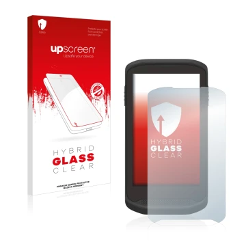 Parte frontal de un envase de producto con el logotipo de la marca upscreen. Al lado se muestra el dispositivo Zebra TC20 Touc