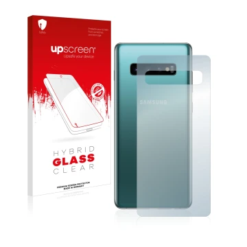 Parte frontal de un envase de producto con el logotipo de la marca upscreen. Al lado se muestra el dispositivo Samsung Galaxy 