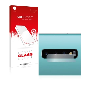 Parte frontal de un envase de producto con el logotipo de la marca upscreen. Al lado se muestra el dispositivo Samsung Galaxy 